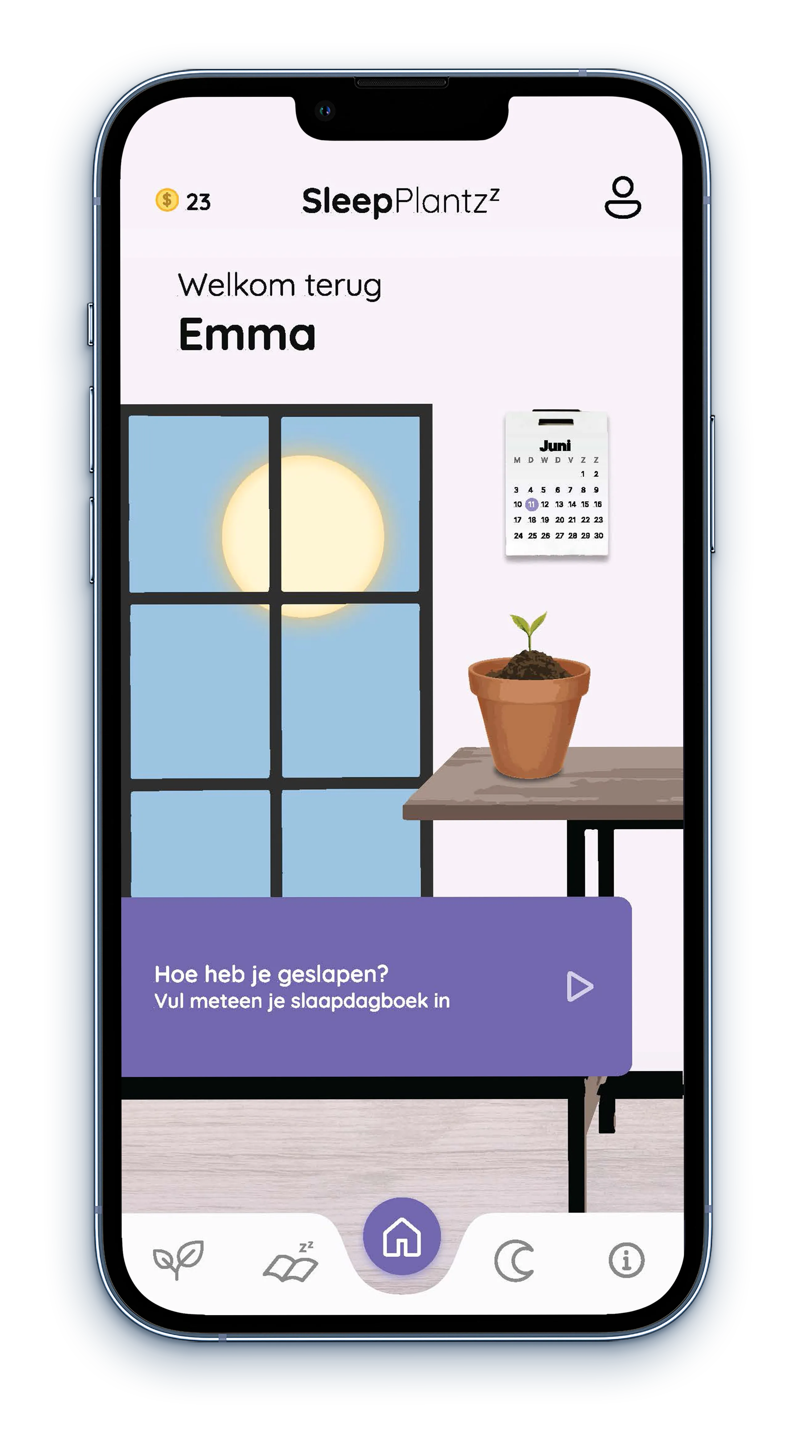 Home screen of the SleepPlantzz app with a little plant on a table and the question "How did you sleep?"