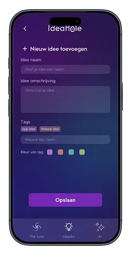 Screen for adding a new idea with name, description and tags