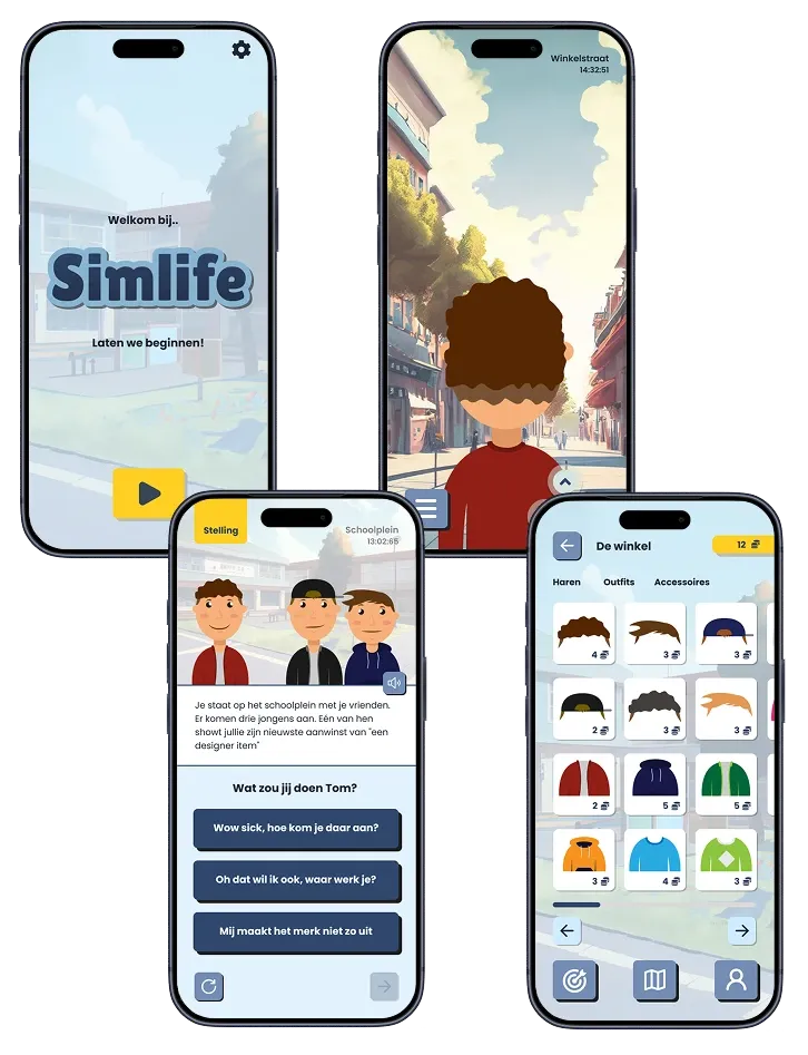 Four SimLife screens: welcome, the neighbourhood, a statement and the shop