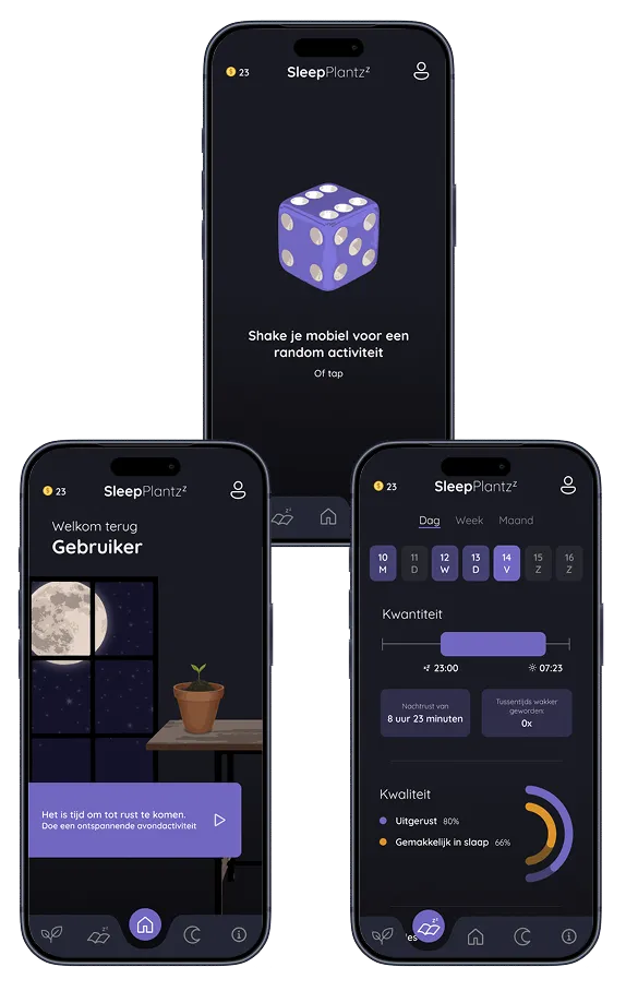 Three screens of the final design: the dice for an activity, the home screen and the sleep insights